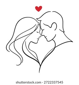 A simple line drawing depicts a couple embracing each other tenderly. Their faces are close together, suggesting a moment of affection or a kiss. Above them, a small red heart symbolizes love and warmth.