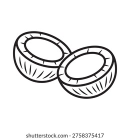 Simple line drawing depicts a cracked open coconut split into two halves