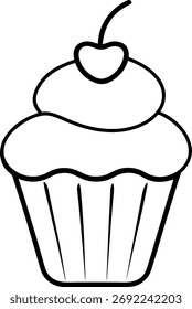 A simple line drawing depicts a cupcake topped with a bright cherry.