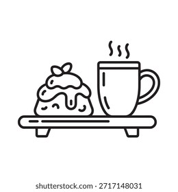 Un simple dibujo de línea representa un postre y una taza humeante de café