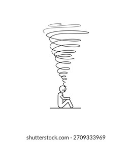 Eine einfache Strichzeichnung zeigt eine bedrängte Strichfigur, die auf dem Boden sitzt und von einem Wirbel chaotischer Gedanken über ihrem Kopf überwältigt wird, der psychische Belastung und Angst symbolisiert.
