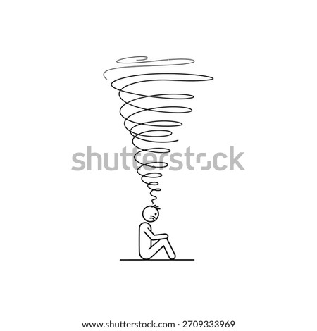 A simple line drawing depicts a distressed stick figure sitting on the ground, overwhelmed by a vortex of chaotic thoughts above its head, symbolizing mental stress and anxiety.