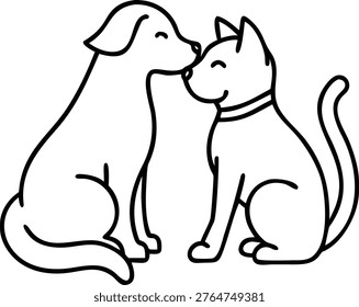 A simple line drawing depicts a dog and cat affectionately nuzzling each