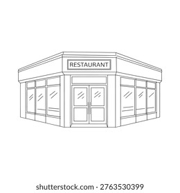 A simple line drawing depicts the facade of a corner restaurant building