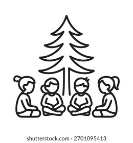 A simple line drawing depicts four children sitting cross-legged in a circle around a stylized evergreen tree.