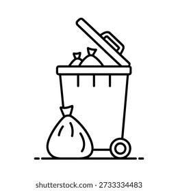 A simple line drawing depicts a full trash can with a garbage bag