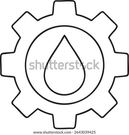 A simple line drawing depicts a gear with a water droplet inside, symbolizing lubrication or fluid-related engineering.