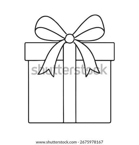 A simple line drawing depicts a gift box with a rectangular form tied with a ribbon and topped with a bow, presented on a clear background.