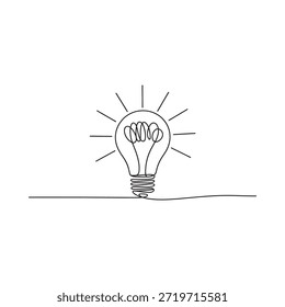 Un simple dibujo de línea representa una bombilla brillante con líneas radiantes de luz