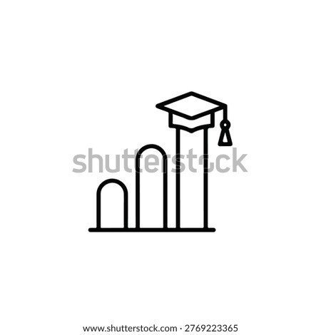 A simple line drawing depicts a graduation cap atop a growing bar graph, symbolizing academic progress, success, and the attainment of educational goals. It represents growth.