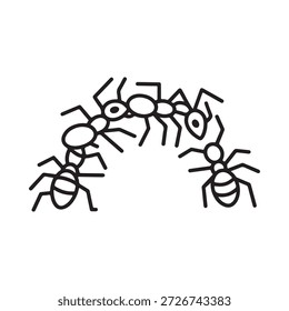 A simple line drawing depicts a group of ants moving in a line