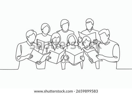 A simple line drawing depicts a group of people standing together, holding open books and appearing to sing or read music.