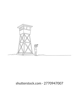 A simple line drawing depicts a guard in a watchtower overlooking a landscape