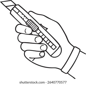 A simple line drawing depicts a hand holding a box cutter or utility knife. The image is in black and white.