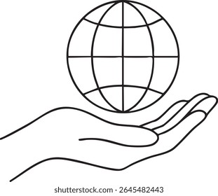 A simple line drawing depicts a hand holding a globe, symbolizing global connection, responsibility, and environmental consciousness in a minimalist design.