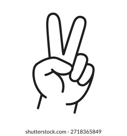 A simple line drawing depicts a hand making the peace sign gesture