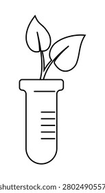 A simple line drawing depicts a laboratory test tube containing a small plant with two leaves, symbolizing research and development in botany. Test tube with plant leaves black outline icon, biotechnology and eco science concept for nature, biology, environment and green design projects