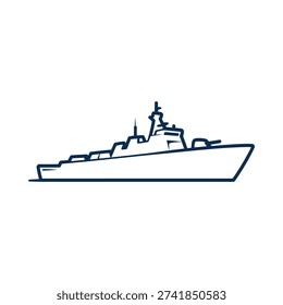 Simple line drawing depicts a large naval warship on the water