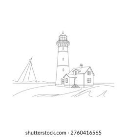 Simple line drawing depicts a lighthouse small house sailboat and seascape