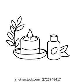 Um simples desenho em linha retrata uma vela acesa em um pires ao lado de uma garrafa e um ramo de folhas, sugerindo um spa ou tema de relaxamento.