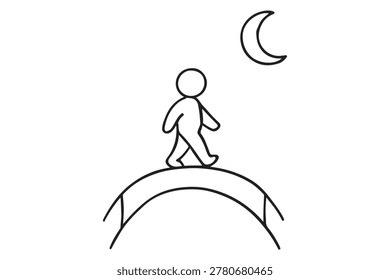 A simple line drawing depicts a lone figure crossing a bridge under a crescent moon. The scene evokes a sense of quiet contemplation and nighttime journey.