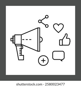 A simple line drawing depicts a megaphone with various social media icons surrounding it