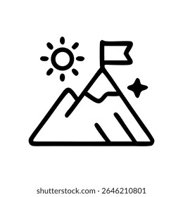 A simple line drawing depicts a mountain peak with a flag, sun, and star; symbolizing achievement.