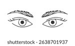 A simple line drawing depicts a pair of eyes, each with an eyebrow and eyelashes, suggesting a female gaze. The style is minimalistic and sketched.
