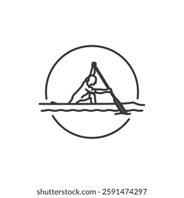 A simple line drawing depicts a person paddling a kayak, enclosed within a circular border. The figure is shown in profile, using a single-blade paddle to navigate the water.