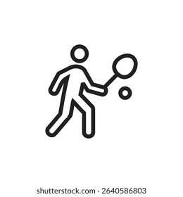 A simple line drawing depicts a person playing badminton, swinging a racket to hit a shuttlecock.  The style is minimalist and iconic.