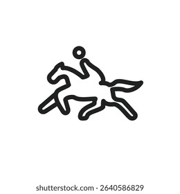 A simple line drawing depicts a person riding a horse at a gallop.  The image is minimalist and stylized.