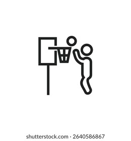 A simple line drawing depicts a person shooting a basketball through a hoop.  The image is minimalistic and iconic.