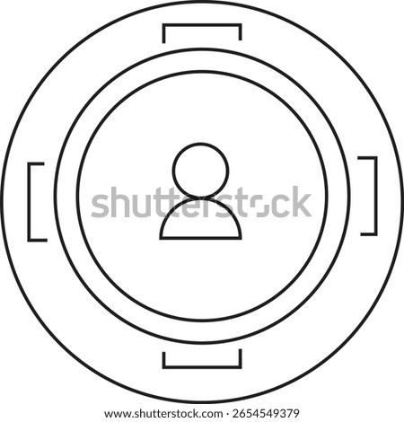 A simple line drawing depicts a person icon centered within concentric circles, framed by square brackets at cardinal points.  The design suggests a profile ...