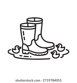 Um simples desenho em linha retrata botas de chuva e patos de borracha em poças