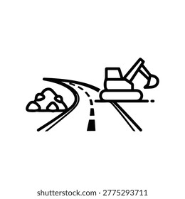 A simple line drawing depicts road construction, featuring an excavator and a pile of rocks beside a road with dashed markings. It symbolizes infrastructure development.