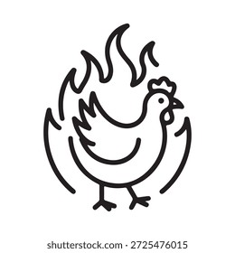 Un simple dibujo de línea representa un gallo con llamas a su alrededor
