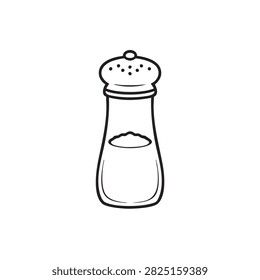 A simple line drawing depicts a salt shaker with perforated top on a white background