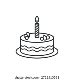 Um simples desenho em linha retrata um pequeno bolo de aniversário redondo com uma vela acesa no topo perfeito para celebrações