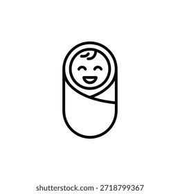 Un simple dibujo de línea representa a un bebé sonriente envuelto en una manta