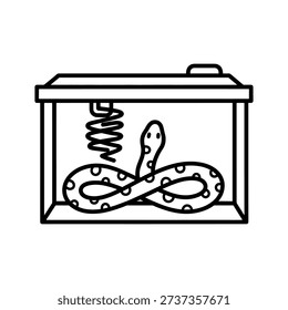 A simple line drawing depicts a snake coiled inside a terrarium a unique silhouette