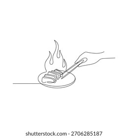Eine einfache Strichzeichnung zeigt einen Löffel, der Lebensmittel hält, die über einem kreisförmigen Boden mit einer Flamme aus ihm aufsteigt.