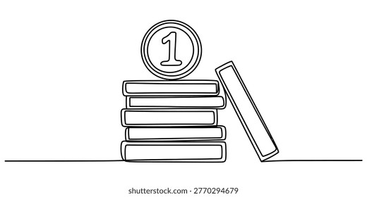 A simple line drawing depicts a stack of five rectangular coins, with a single coin featuring the number one on top, and another coin leaning against the stack. Vector, illustration