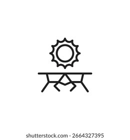 Eine einfache Strichzeichnung zeigt die Sonne, die über dem gerissenen, trockenen Boden scheint, der durch gezackte Linien dargestellt wird. Symbolisiert Dürre, Hitzewelle oder sehr trockene und heiße Wetterbedingungen.