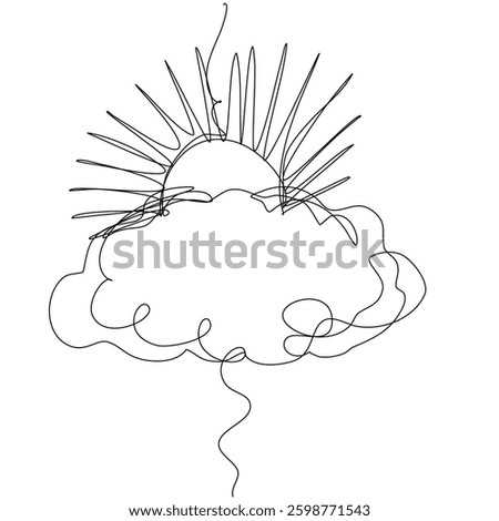Simple line drawing depicts sun partially hidden behind a fluffy cloud. Suns rays extend in various directions creating a dynamic feel. Minimalist artistic style.