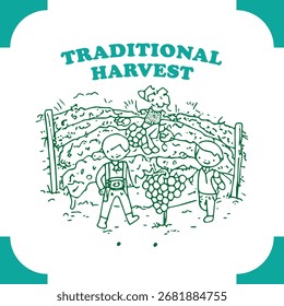 A simple line drawing depicts three children and a dog in a vineyard, gathering grapes. The text 'TRADITIONAL HARVEST' is displayed above.