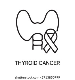 A simple line drawing depicts the thyroid gland with a medical cross and ribbon symbolizing thyroid cancer awareness