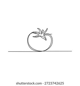 Un simple dibujo de línea representa un tomate con un tallo y una hoja