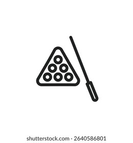 A simple line drawing depicts a triangle of billiard balls and a cue stick, suggesting a game of billiards or pool.