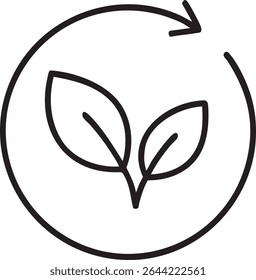 Um simples desenho em linha retrata duas folhas dentro de uma seta circular, representando a sustentabilidade e o ciclo da natureza.