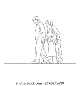 Um simples desenho em linha representa duas pessoas andando lado a lado contra um fundo branco.